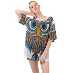 Owl Drawing Art Vintage Clothing Blue Feather Oversized Chiffon Top