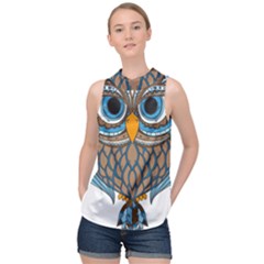 Owl Drawing Art Vintage Clothing Blue Feather High Neck Satin Top by Sudhe