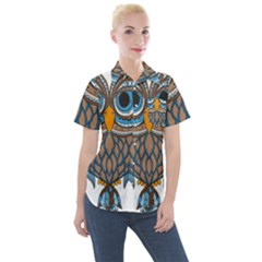 Owl Drawing Art Vintage Clothing Blue Feather Women s Short Sleeve Pocket Shirt