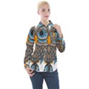 Owl Drawing Art Vintage Clothing Blue Feather Women s Long Sleeve Pocket Shirt View1