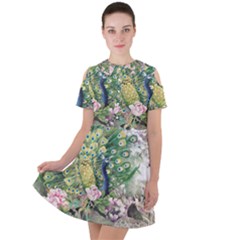 Peafowl Peacock Feather Beautiful Short Sleeve Shoulder Cut Out Dress 