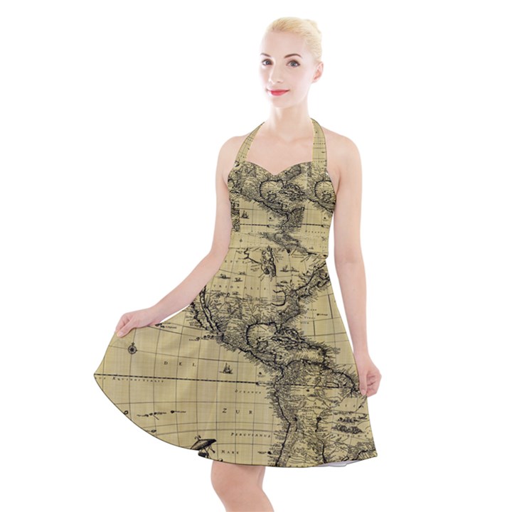 Map Vintage Old Ancient Antique Halter Party Swing Dress 