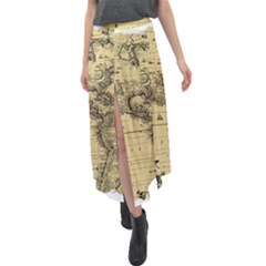 Map Vintage Old Ancient Antique Velour Split Maxi Skirt