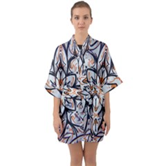 White Black And Orange Illustration Quarter Sleeve Kimono Robe