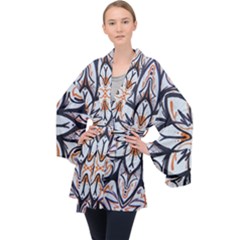 White Black And Orange Illustration Velvet Kimono Robe