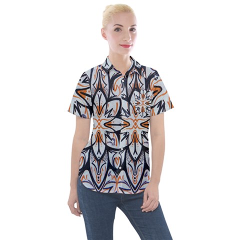 White Black And Orange Illustration Women s Short Sleeve Pocket Shirt by Wegoenart