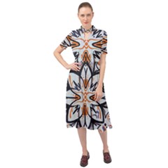 White Black And Orange Illustration Keyhole Neckline Chiffon Dress