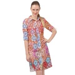 Art Beautiful Flowers Flames Generative Art Long Sleeve Mini Shirt Dress