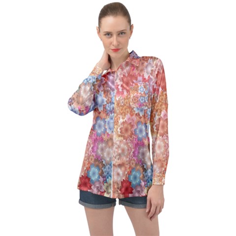 Art Beautiful Flowers Flames Generative Art Long Sleeve Satin Shirt by Wegoenart