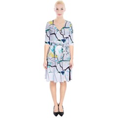 White And Multicolored Illustration Wrap Up Cocktail Dress