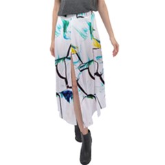 White And Multicolored Illustration Velour Split Maxi Skirt