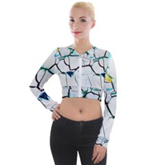 White And Multicolored Illustration Long Sleeve Cropped Velvet Jacket