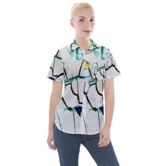 White And Multicolored Illustration Women s Short Sleeve Pocket Shirt