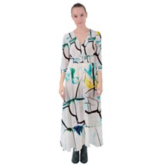 White And Multicolored Illustration Button Up Maxi Dress