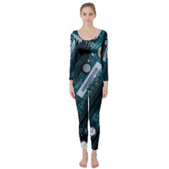 Green And Black Computer Motherboard Long Sleeve Catsuit by Wegoenart