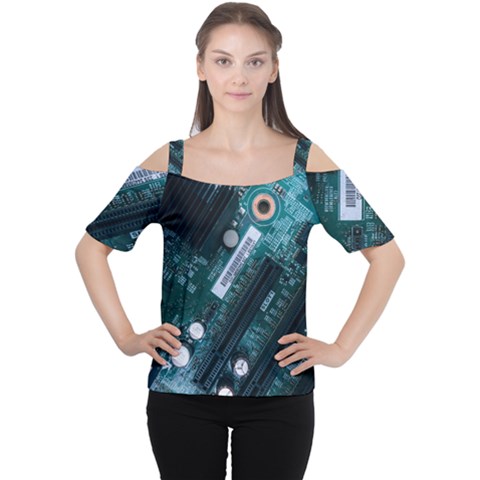 Green And Black Computer Motherboard Cutout Shoulder Tee by Wegoenart