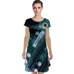 Green And Black Computer Motherboard Cap Sleeve Nightdress by Wegoenart