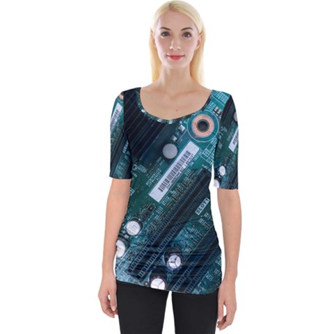 Green And Black Computer Motherboard Wide Neckline Tee by Wegoenart