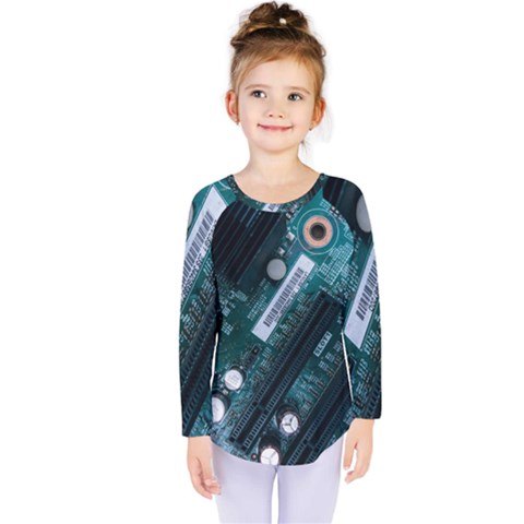 Green And Black Computer Motherboard Kids  Long Sleeve Tee by Wegoenart