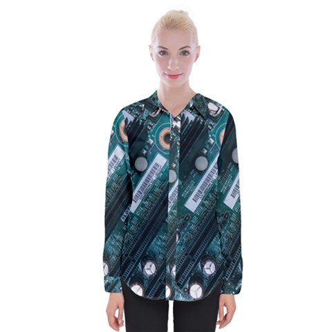 Green And Black Computer Motherboard Womens Long Sleeve Shirt by Wegoenart