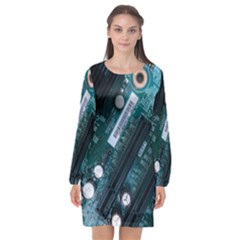 Green And Black Computer Motherboard Long Sleeve Chiffon Shift Dress  by Wegoenart