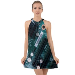 Green And Black Computer Motherboard Halter Tie Back Chiffon Dress by Wegoenart