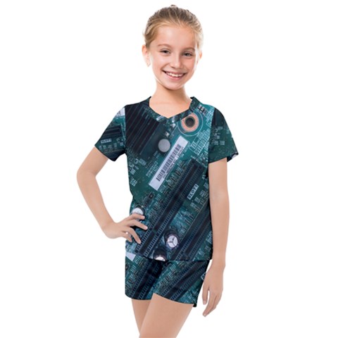 Green And Black Computer Motherboard Kids  Mesh Tee And Shorts Set by Wegoenart