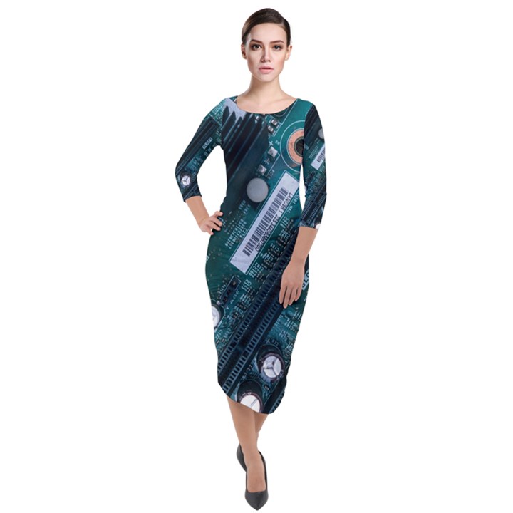 Green And Black Computer Motherboard Quarter Sleeve Midi Velour Bodycon Dress