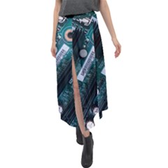 Green And Black Computer Motherboard Velour Split Maxi Skirt