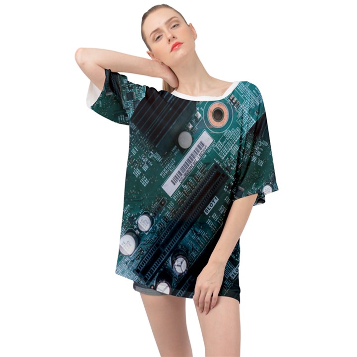 Green And Black Computer Motherboard Oversized Chiffon Top