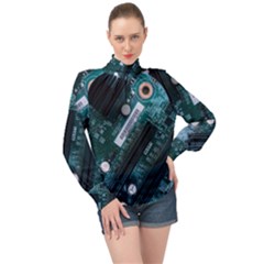 Green And Black Computer Motherboard High Neck Long Sleeve Chiffon Top