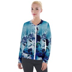 Wonderful Blue Flowers Velour Zip Up Jacket