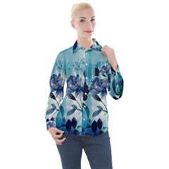 Wonderful Blue Flowers Women s Long Sleeve Pocket Shirt