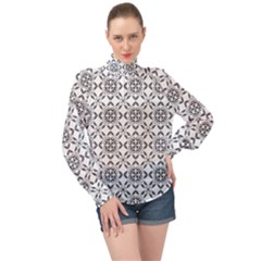 Black And White Patterned Backgroun High Neck Long Sleeve Chiffon Top