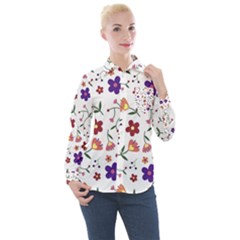 Flowers On A White Background             Women s Long Sleeve Pocket Shirt