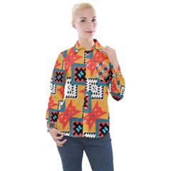 Shapes On A Brown Background Pattern              Women s Long Sleeve Pocket Shirt