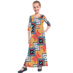 Shapes On A Brown Background Pattern              Kids  Quarter Sleeve Maxi Dress by LalyLauraFLM