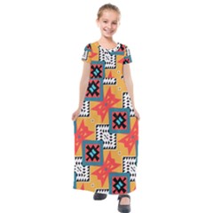 Shapes On A Brown Background Pattern             Kids  Short Sleeve Maxi Dress by LalyLauraFLM