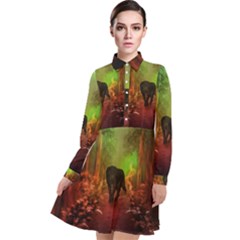 The Lonely Wolf In The Night Long Sleeve Chiffon Shirt Dress