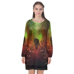 The Lonely Wolf In The Night Long Sleeve Chiffon Shift Dress  by FantasyWorld7