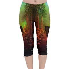 The Lonely Wolf In The Night Velvet Capri Leggings 