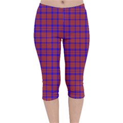 Pattern Plaid Geometric Red Blue Velvet Capri Leggings  by Simbadda