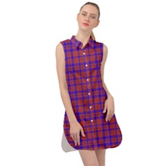 Pattern Plaid Geometric Red Blue Sleeveless Shirt Dress by Simbadda