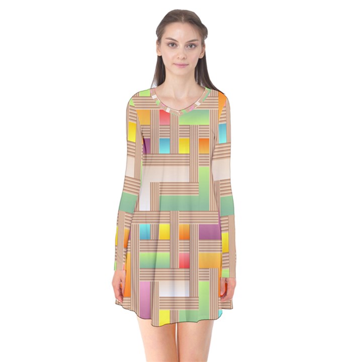 Abstract Background Colorful Long Sleeve V-neck Flare Dress