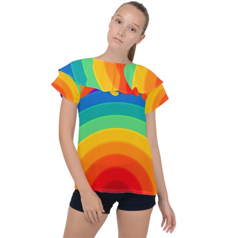 Rainbow Background Colorful Ruffle Collar Chiffon Blouse by Simbadda