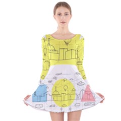 Urban City Skyline Sketch Long Sleeve Velvet Skater Dress by Simbadda