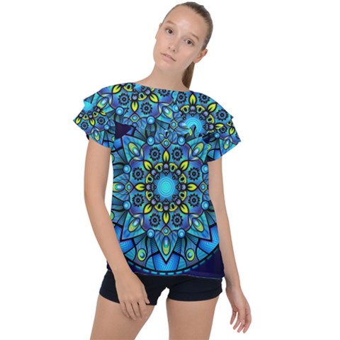 Mandala Blue Abstract Circle Ruffle Collar Chiffon Blouse by Simbadda