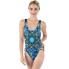 Mandala Blue Abstract Circle High Leg Strappy Swimsuit by Simbadda