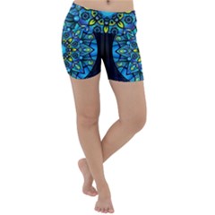 Mandala Blue Abstract Circle Lightweight Velour Yoga Shorts by Simbadda