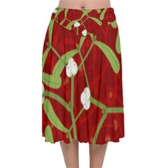 Mistletoe Christmas Texture Advent Velvet Flared Midi Skirt by Simbadda